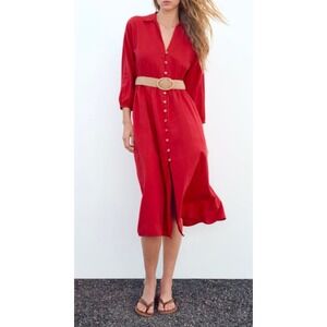 ZARA Red Linen Blend Button Front Midi Shirt Dress Belted Shirtwaist Size M
